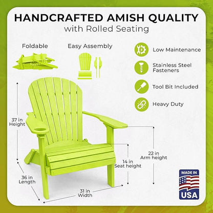 Ecommersify Folding Adirondack Chair with Cup Holder - (Tropical Lime Green) - Heavy Duty Recycled Poly Lumber Folding Chair - Amish Crafted Outdoor Furniture - Made in USA