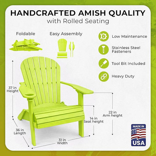 Ecommersify Folding Adirondack Chair with Cup Holder - (Tropical Lime Green) - Heavy Duty Recycled Poly Lumber Folding Chair - Amish Crafted Outdoor Furniture - Made in USA