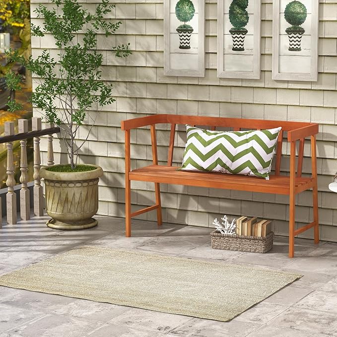 HAPPYGRILL Outdoor Wood Bench 2-Person Patio Wooden Bench with Ergonomic Backrest & Armrests, All-Weather Eucalyptus Wood Frame, Loveseat Outside Bench for Garden Balcony Poolside Porch Deck