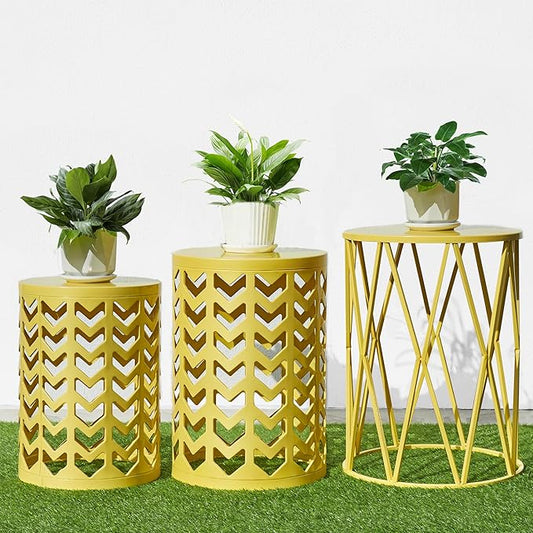 Nesting Side Table Set of 3 Decorative Round Garden Stools for Indoor Outdoor Heavy Duty Metal Frame Side Table Nightstands Modern End Table Plant Stand, Yellow