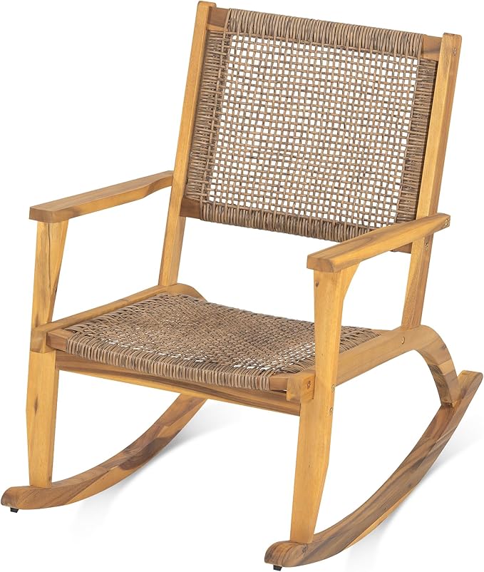 Merax 2-Piece Patio Rocking Chair Set, Acacia Wood Outdoor Rockers with PE Wicker Rattan Seat & Backrest - Photo 7