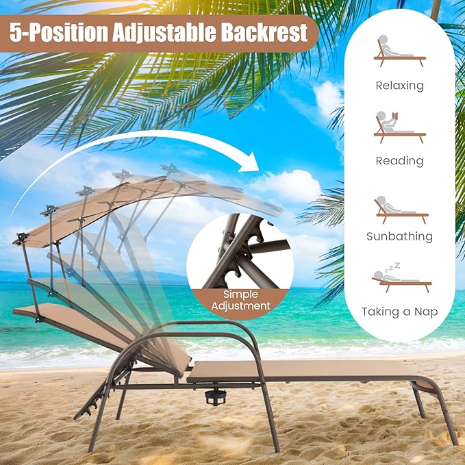 Giantex Patio Chaise Lounge Chair, Outdoor Beach Chair with Adjustable Canopy, Cupholder, 5-Level Backrest, Metal Frame, Sunbathing Lounger for Tanning, Outside, Poolside, Yard, Lawn, Brown