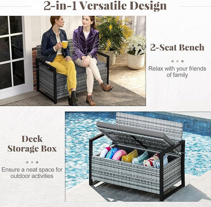Tangkula 40 Gallon Outdoor Bench with Storage, Patio Wicker Storage Bench with Cushion, Cover, Metal Frame, Deck Box Seat for Backyard, Poolside, Balcony, Garden