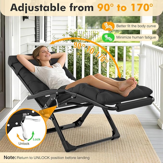 Slendor Oversized Zero Gravity Chairs XXL, 33In Padded Zero Gravity Lounge Chair, Lawn Recliner - Photo 8