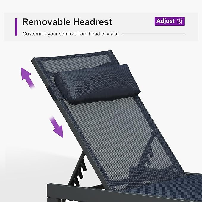 PURPLE LEAF Patio Lounge Chair Set of 3 Outdoor Chaise Lounger Aluminum Frame with Side Table and Wheels for Pool - Photo 4