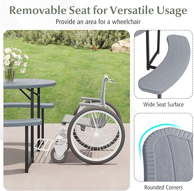 Giantex Picnic Table Bench Set for 4-8 Person, Round 37” Outdoor Dining Table w/Umbrella Hole, HDPE Tabletop - Photo 5