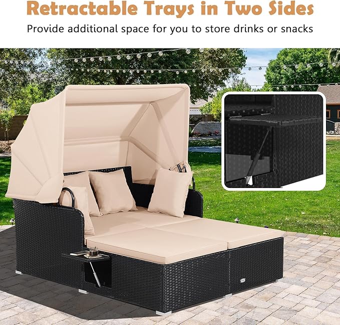 Moccha Outdoor Daybed with Retractable Canopy, Wicker Cabana with 2 Side Tables & Soft Cushions ,Hand-Woven PE Rattan Bed Lounger, Patio Sectional Furniture Set for Garden Backyard Porch (Beige)