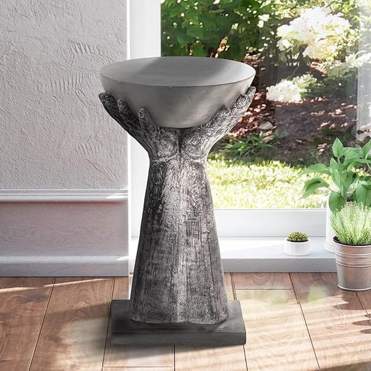 SUNBURY Outdoor Side Table, 24" H Hand-Shaped Concrete Side Table, Accent Patio End for Outside, Decorative Garden Stool for Plant Stand, Balcony