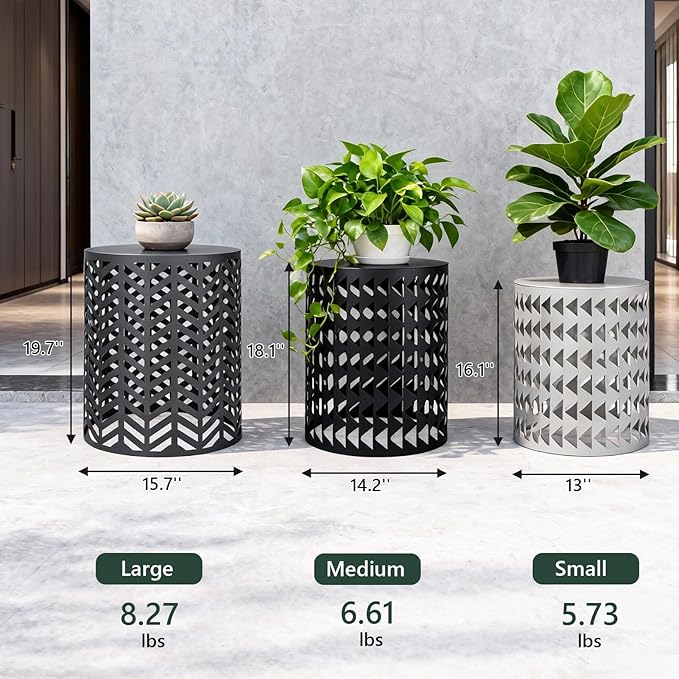 Multifunctional Nesting Round Metal Coffee End Tables, Set of 3 Modern Furniture Nightstands Decor Side Tables Plant Stand for Home Office Indoor Garden Outdoor Black & Gray