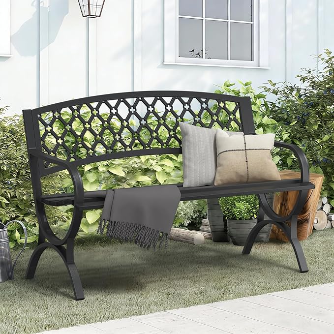 On Shine 50'' Patio Garden Bench, Loveseats Patio Park Bench, Black Steel Cast Iron Frame Bench - Photo 7