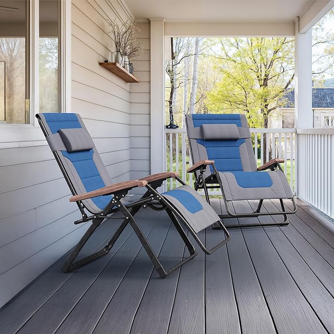 PURPLE LEAF Extra Wide Outdoor Reclining Chair Set of 2 Patio Zero Gravity Chaise Lounge Folding Chair with Quilted Cushion Adjustable Headrest for Lawn Camping Beach Pool Grey and Navy Blue