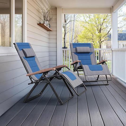 PURPLE LEAF Extra Wide Outdoor Reclining Chair Set of 2 Patio Zero Gravity Chaise Lounge Folding Chair with Quilted Cushion Adjustable Headrest for Lawn Camping Beach Pool Grey and Navy Blue