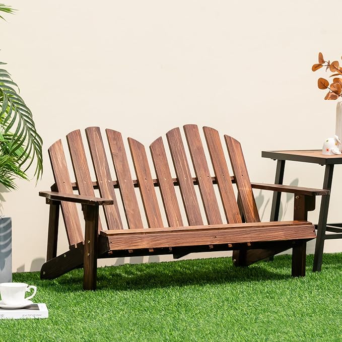 Giantex Kids 2-Seat Adirondack Chair - Fir Wood Double Loveseat with High Backrest, Arm Rest, 300 LBS Weight Capacity, Outdoor All Weather Porch Chair for Balcony, Backyard, Poolside, Yard (1, Coffee)