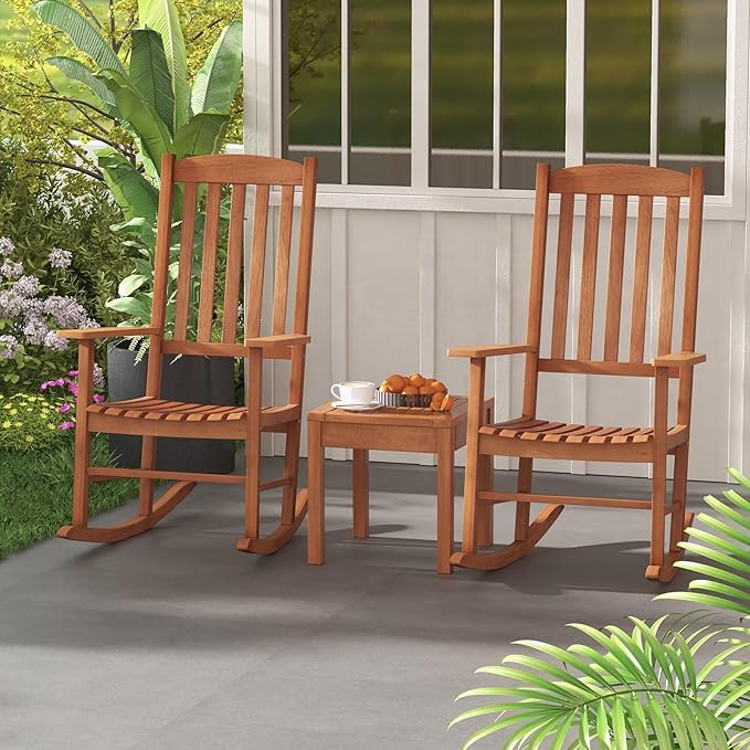 Giantex Wood Outdoor Rocking Chair - Eucalyptus Rocker Chair with Stable & Safe Rocking Base, High Backrest, Slatted Patio Rocker for Garden, Poolside, Courtyard Outdoor Rockers, Porch Rocker (1)