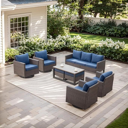 Rilyson Wicker Outdoor Patio Furniture Set - 8 Piece Patio Conversation Set with 4 Swivel Rocker Chairs,2 Rattan Ottoman,1 Couch and 1 Metal Coffee Table for Outside Porch Deck Backyard(Brown/Blue)