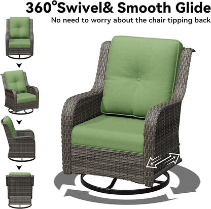 3 Pieces Outdoor Wicker Patio Furniture Set with Fire Pit Table, Swivel Rocker Patio Chairs Set with Thickened Cushions, High Back and Deep Seating, Hand-Woven PE Rattan for Porch, Deck