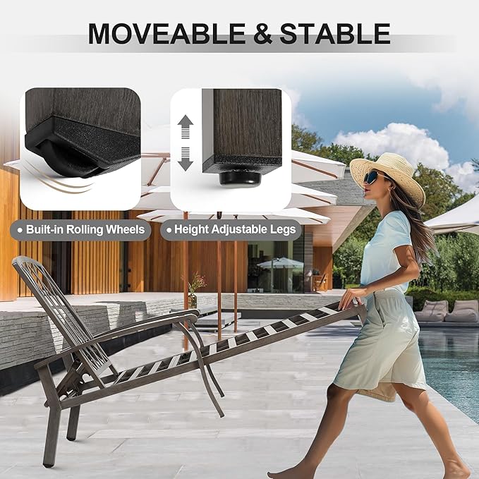 Chaise Lounge Chair Outdoor with Wheels, Cast Aluminum Tanning Chair with Grey Cushion - Photo 5