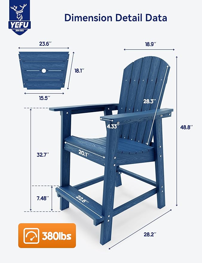 YEFU Tall Adirondack Chair Set of 2, Balcony Chair with Connecting Table, Poly Lumber Adirondack Chair, Patio Bar Stools, 380lbs, Weather Resistant for Outdoor Deck Lawn Pool-Navy Blue