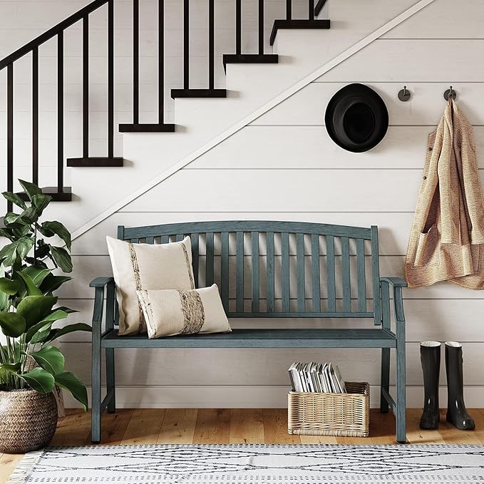Grand patio 52" Farmhouse Outdoor Bench, Garden Benches with Rust Free Metal Powder Coated Frame and Aluminum Backrest, Faux Wood Grain Finish Frame Patio Bench for Front Porch, Weathered Blue