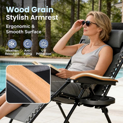 PHI VILLA XXL Oversized Padded Zero Gravity Chair Set of 2, Foldable Patio Recliner, 30" Wide Seat Anti Gravity Lounger with Armrest and Cup Holder, Support 400 LBS (Grey)