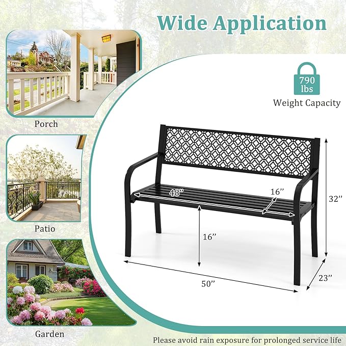 Tangkula 50 Inches Outdoor Garden Bench, Metal Patio Park Bench with Geometric Lattice Backrest, Armrests and Slatted Seat, Outdoor Loveseat Chair for Porch, Lawn and Yard (Black)