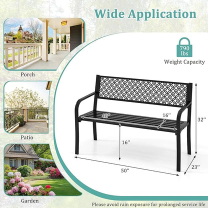 Tangkula 50 Inches Outdoor Garden Bench, Metal Patio Park Bench with Geometric Lattice Backrest, Armrests and Slatted Seat, Outdoor Loveseat Chair for Porch, Lawn and Yard (Black)