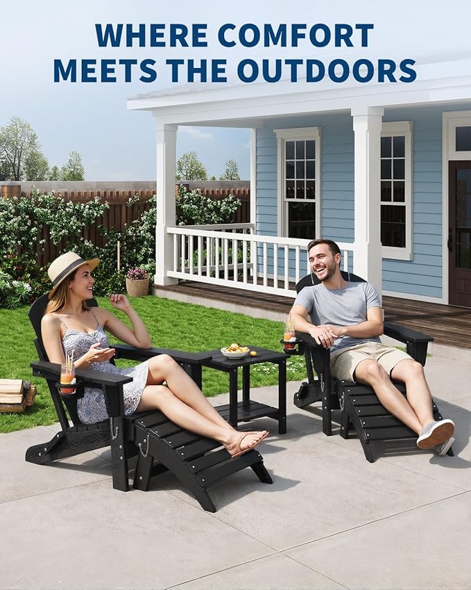 Garvee Folding Adirondack Chair Set of 5, HDPE Outdoor Patio Chair with Cup Holder, All Weather Resistent Wooden Textured for patios, Decks, Gardens, fire Pit, Black