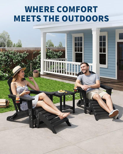 Folding Adirondack Chair Set of 2 with Ottoman, All-Weather HDPE Outdoor Chair, Wooden Textured with Cup Holder for patios, Decks, Gardens, fire pits, Black
