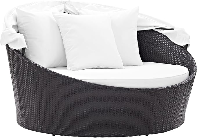 Modway Convene Wicker Rattan Outdoor Patio Retractable Canopy Round Poolside Sofa Daybed in Espresso White