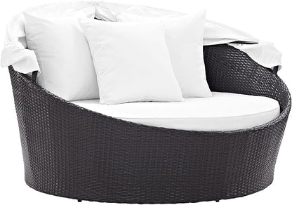 Modway Convene Wicker Rattan Outdoor Patio Retractable Canopy Round Poolside Sofa Daybed in Espresso White