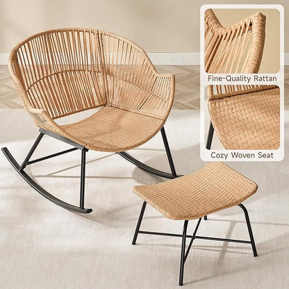 ONBRILL Papasan Rocking Chair with Ottoman,Oversized Papasan Chair with Padded Cushion, Indoor & Outdoor Rocker Chair for Living Room, Patio, Garden, Gray