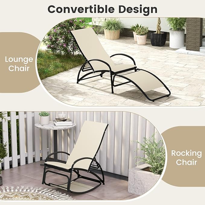 Tangkula Rocking Chair Outdoor, 2-in-1 Convertible Lounge Chair with 4-Level Adjustable Backrest, Heavy-Duty Aluminum Frame, Patio Sun Lounger Rocker for Porch, Poolside, Backyard, Garden (1, Beige)