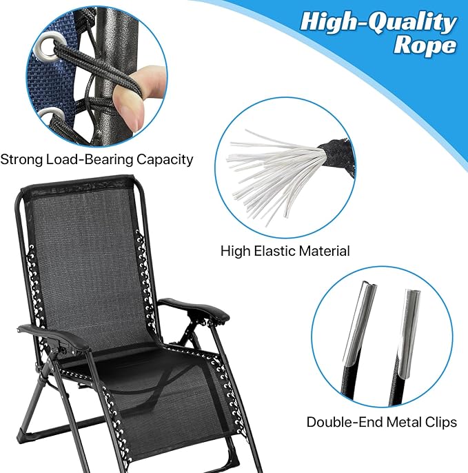 Zero Gravity Chair Replacement Fabric with Bungee Cord Kit, 17 Inch Wide Repair Cloth with Replacement Cord for Anti Gravity Chairs Outdoor Recliner Patio Lounge Chair Lawn Beach Sling Chair, Black