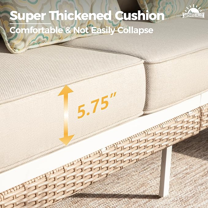 Metal Patio Furniture Sofa with 5.75" Extra Thick Cushion, 3-Seater Deep Seating & High-Back White Frame Outdoor Couch All Weather Outdoor Seating for Deck Gazebo Porch, Beige