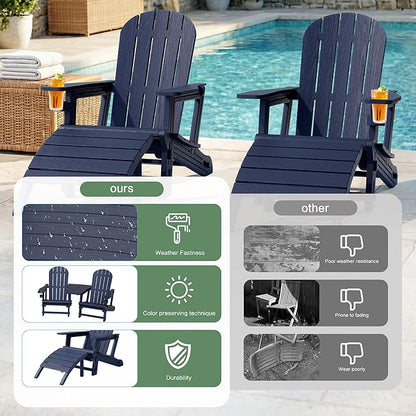 JY QAQA Outdoor Adirondack Chair Set of 2 with Detachable Table & Ottoman, All-Weather HDPE Patio Furniture with Wood Texture & Cup Holder for Patio, Poolside, Garden, Dark Blue