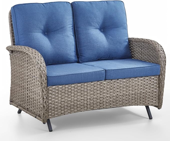 Outdoor Glider Bench-2 Seater Patio Glider Loveseat with High Back and Deep Seating Outdoor Couch for Deck Porch Garden Balcony Poolside-Grey/Blue