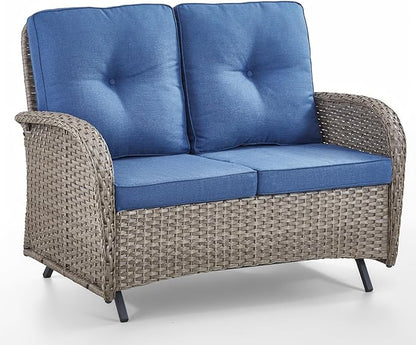 Outdoor Glider Bench-2 Seater Patio Glider Loveseat with High Back and Deep Seating Outdoor Couch for Deck Porch Garden Balcony Poolside-Grey/Blue