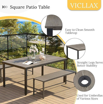 VICLLAX 63" Rectangle Outdoor Dining Table for 6, Patio Table with Umbrella Hole, All Weather Metal Patio Tables, Light Gray Tabletop