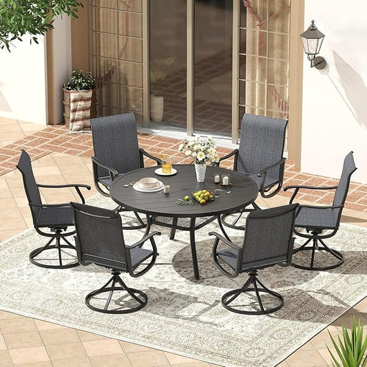 VICLLAX Round Patio Dining Table for 4-6, Outdoor Metal Dining Table with Umbrella Hole for Deck Lawn Garden Backyard, 47.2" Black