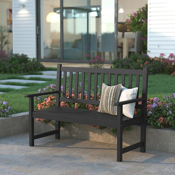EMMA + OLIVER Ashford Patio Bench for Indoor/Outdoor Use, Acacia Wood Slatted Loveseat for 2, Perfect for Sunroom, Garden, Backyard or Porch, Black