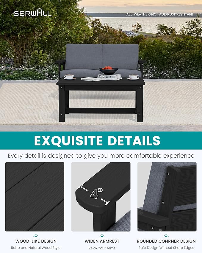 SERWALL HDPE Outdoor Patio Loveseat, Black Frame and Grey Cushion - Photo 4