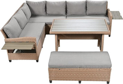 Merax Patio Furniture Sets Outdoor, All Weather Sectional PE Rattan Sofa with 2 Extendable Side Tables, Dining Table and Bench, Brown