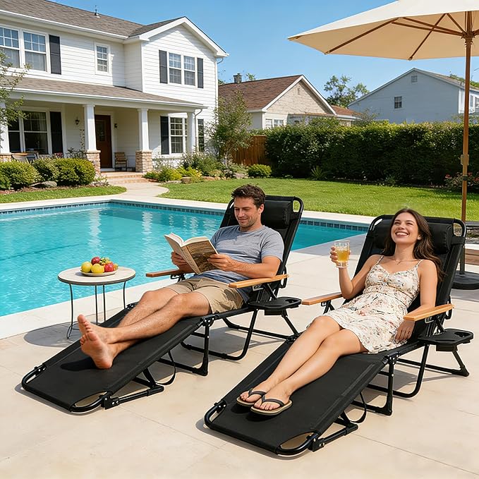 Outdoor Chaise Lounge Chair with 4-Position Adjustable Backrest, Patio Folding Sun Tanning Chair, Pillow & Cup Holder - Photo 2