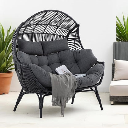 IRONCK Double Egg Chair Outdoor, 2 Person Wicker Lounge Chair, Oversized Thickened Padded Cushions and Headrests, 680 Lbs Egg Loveseat for Indoor, Patio, Living Room, Porch, Balcony, Dark Grey