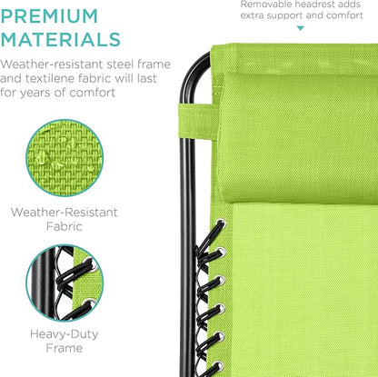 Best Choice Products Set of 2 Adjustable Steel Mesh Zero Gravity Lounge Chair Recliners w/Pillows and Cup Holder Trays - Lime Green