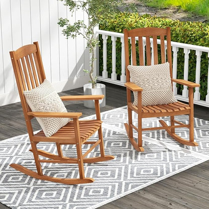 Tangkula Patio Rocking Chair with 400 lbs Weight Capacity, Eucalyptus Wood Porch Rocker with High Back, Patio Rocker Chair for Indoor and Outdoor Use (2)