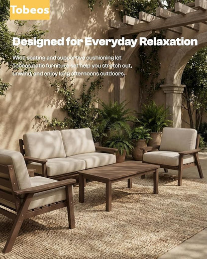HDPE Patio Furniture Set 4 Seats, Outdoor Couch with Washable Thick Beige Cushions & Coffee Table & Side Table, Outdoor Sectional Furniture for Backyard, Deck, Lawn, Porch (Brown Frame)