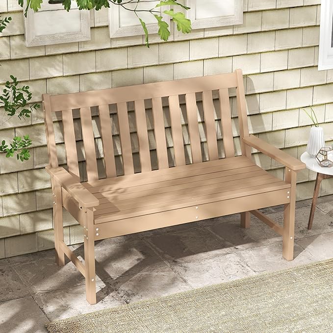 RELAX4LIFE 2-Person Patio Outdoor Bench - 52’’ All-Weather HDPE Garden Bench with Armrests & Slatted Backrest, Patio Bench for Front Porch Park Poolside Backyard, 705 LBS Weight Capacity (Teak)