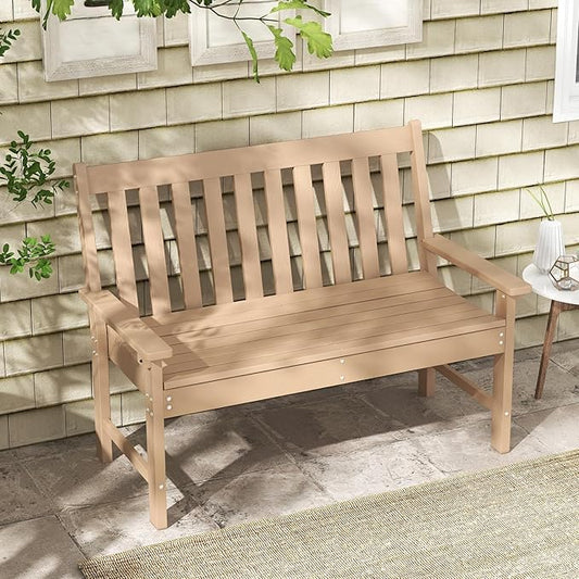 RELAX4LIFE 2-Person Patio Outdoor Bench - 52’’ All-Weather HDPE Garden Bench with Armrests & Slatted Backrest, Patio Bench for Front Porch Park Poolside Backyard, 705 LBS Weight Capacity (Teak)