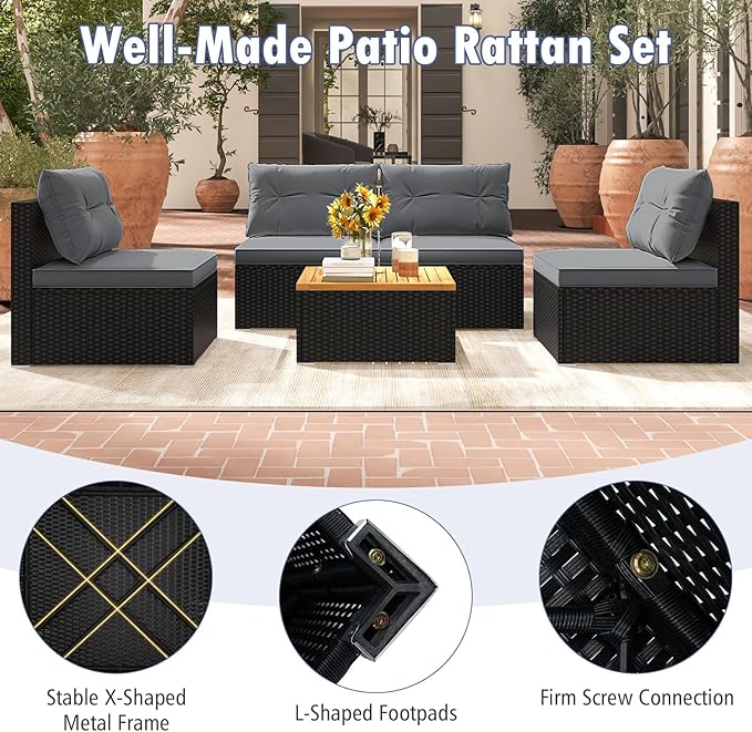 Tangkula 5 Piece Rattan Sofa Set, Outdoor Wicker Furniture Set w/Seat & Back Cushions, Square Coffee Table, Patio Sofa Set for Backyard, Poolside (Grey)